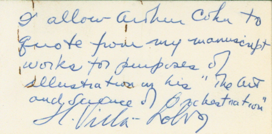 Villa-Lobos, Heitor - Short Note on Arthur Cohn's Carte de Visite Signed